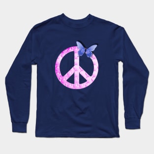 Pastel Pink Peace Sign with Butterfly Long Sleeve T-Shirt